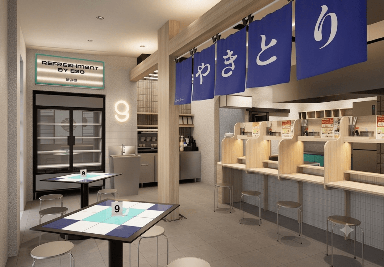 Yakitori bar dengan banner noren menghadap dapur terbuka