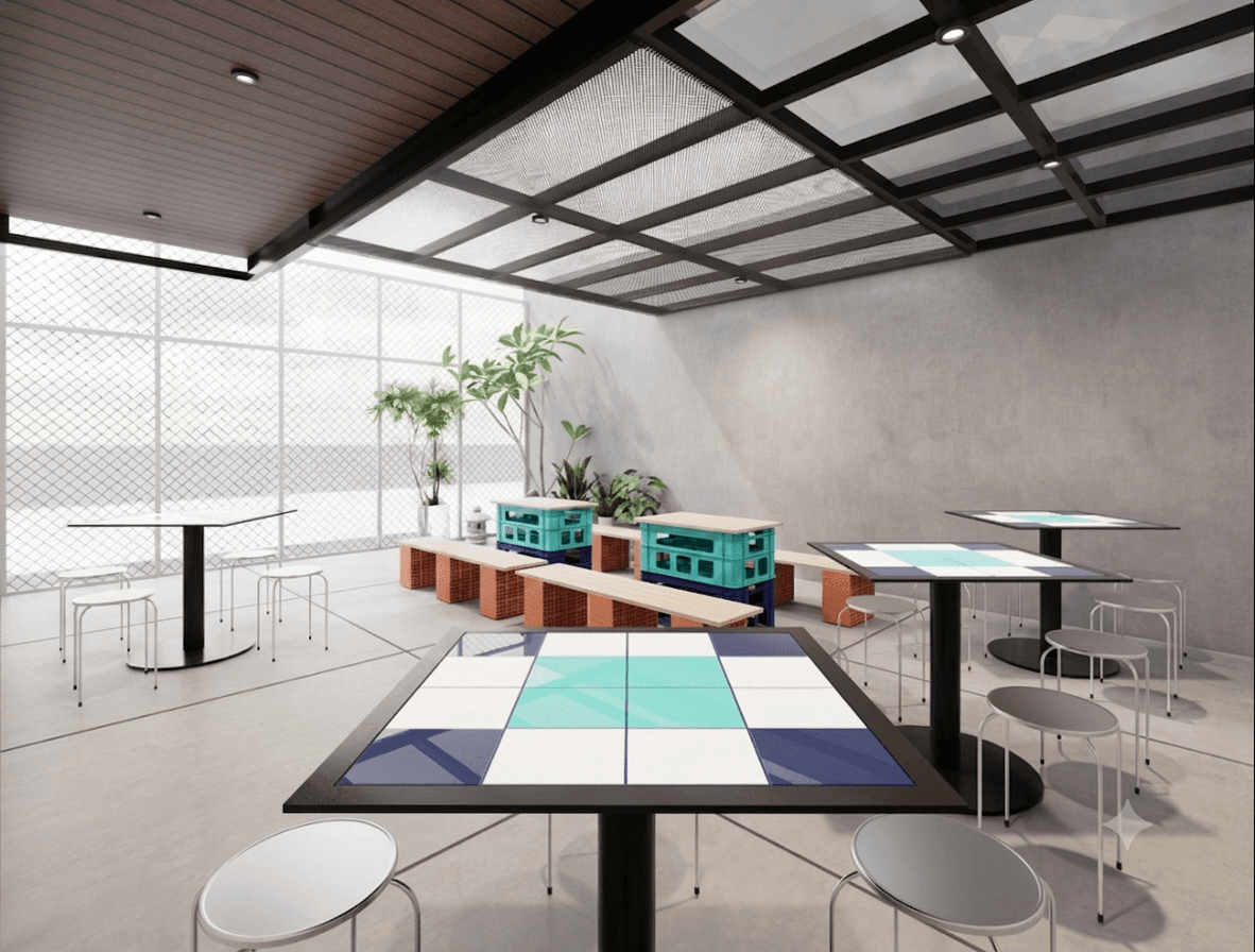 Garden lounge dengan skylight dan meja mosaik